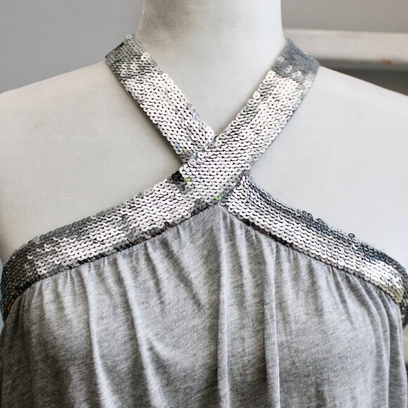 Express Vintage Y2K Gray & Silver Sequin Open-Back Halter Top Size Large - Picture 2 of 5